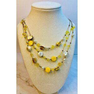 Yellow Multi-Strand Beaded Necklace With Gold Accents & Faux Pearls -107